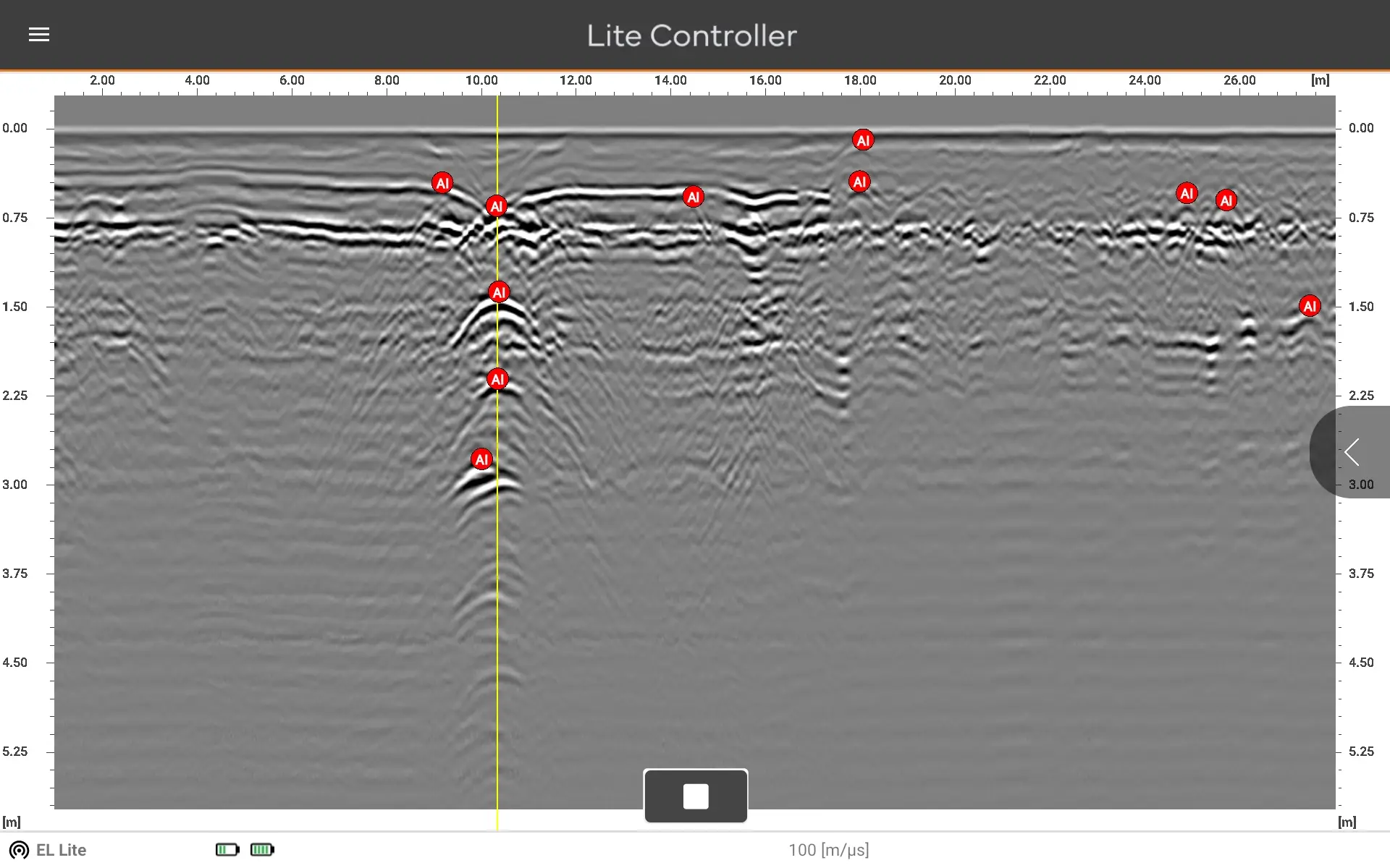 Lite Controller showing a live radargram with MALÅ AI target markers